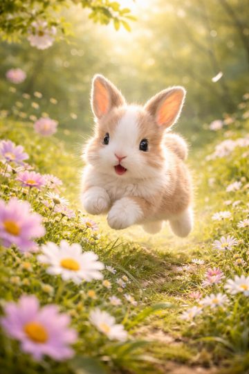 Adorable Bunny Running Through Daisy Garden