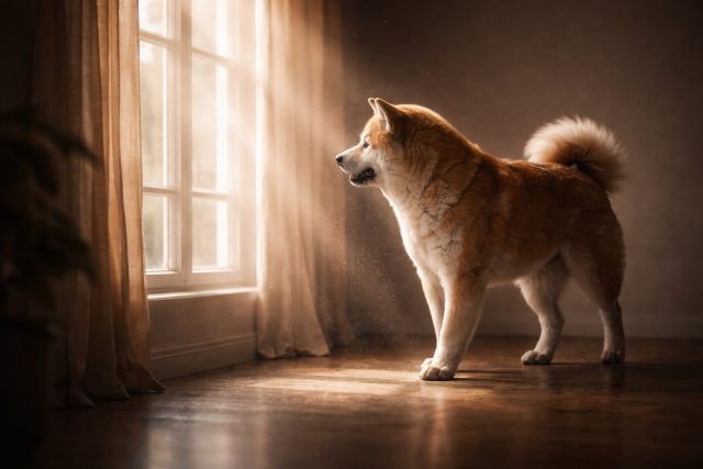 Akita Inu in Golden Window Light with Floating Dust Wallpaper