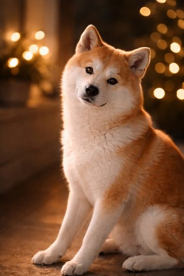 Akita Inu Night Portrait with Warm Bokeh Lights