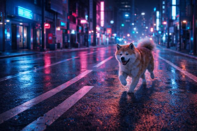 Akita Inu Running Through Neon City Street at Night Wallpaper