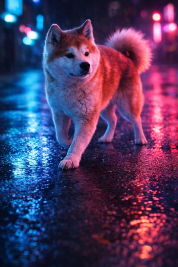 Akita Inu Walking on Neon Lit Night Street Wallpaper