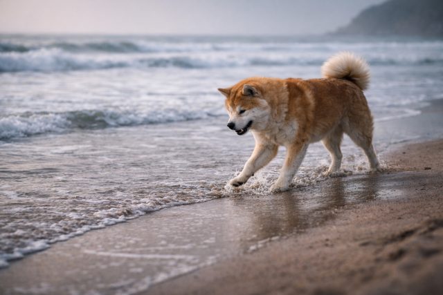 Akita Inu Walking Along Calm Ocean Shore in Soft Wind Wallpaper