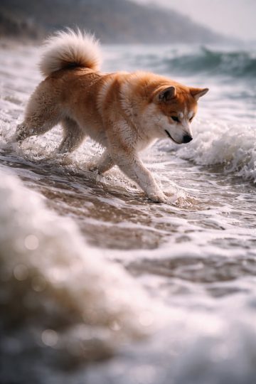 Akita Inu Walking Through Shallow Waves on Ocean Shore Wallpaper