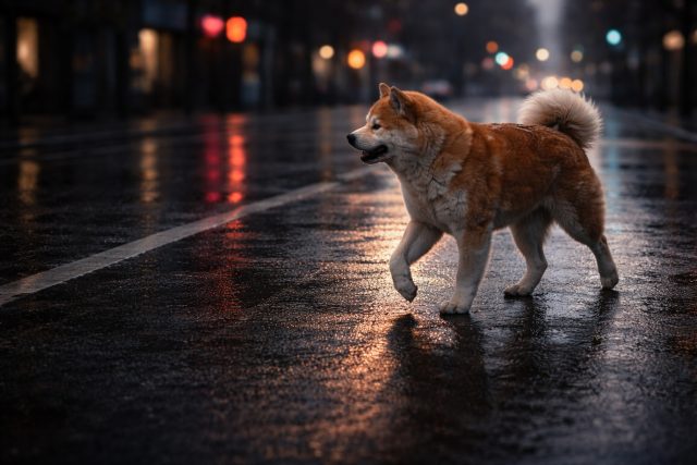 Akita Inu Crossing Wet City Street with Bokeh Lights Wallpaper