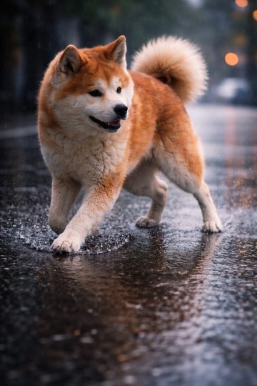 Akita Inu Walking on Rainy Street with Reflections Wallpaper