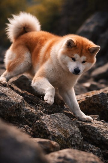 Akita Inu Traversing Rocky Terrain with Careful Steps Wallpaper
