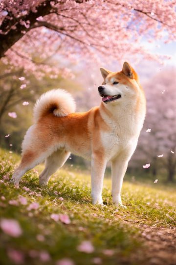 Akita Inu Sakura Blossom Spring Scene with Falling Petals