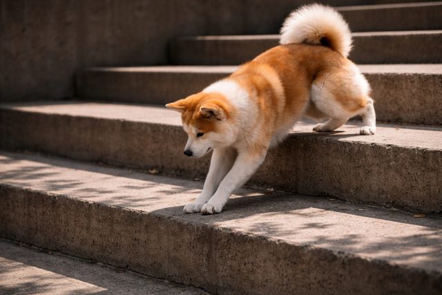 Akita Inu Walking Down Concrete Steps in Urban Geometry Wallpaper