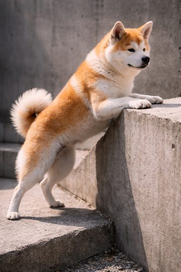 Akita Inu Leaning Over Concrete Edge in Urban Geometry Wallpaper