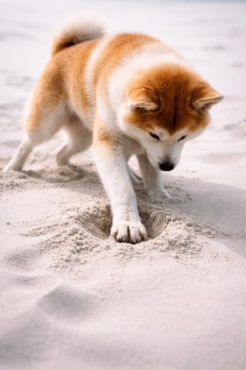 Akita Inu Digging in Soft White Sand Minimal Scene Wallpaper