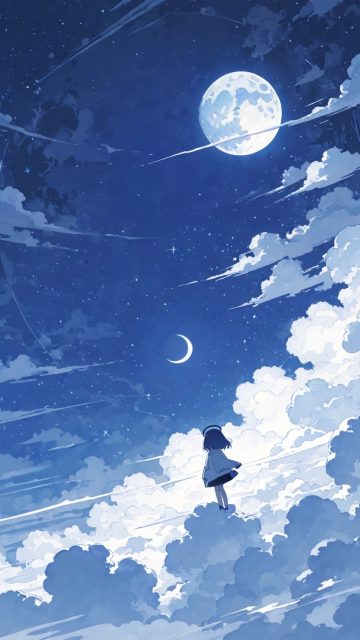 Anime Sky Clouds and Moon Path Wallpaper