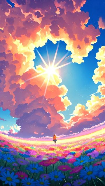 Anime Sky Flower Valley Sunburst Wallpaper