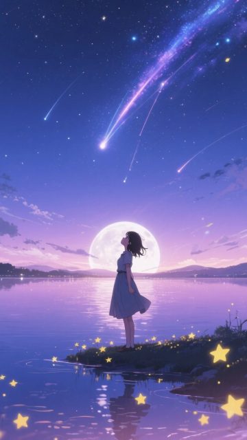 Anime Sky Meteor Moon Reflection Wallpaper