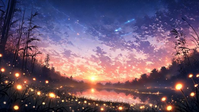 Anime Sky Twilight Lake Lights Wallpaper