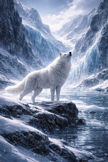Arctic Wolf by Frozen Mountain Lake Wallpaper