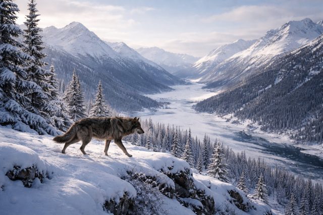 Arctic Wolf Overlooking Snowy Mountain Valley Wallpaper