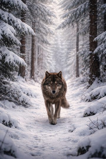Arctic Wolf Walking Through Snowy Forest Path Wallpaper
