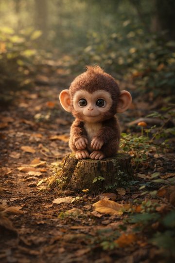 Baby Monkey Forest Stump Golden Light Wallpaper