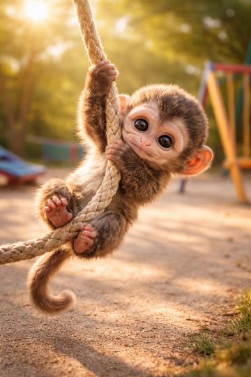 Baby Monkey Rope Playground Golden Hour Wallpaper