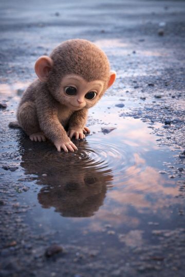 Baby Monkey Water Reflection Puddle Wallpaper