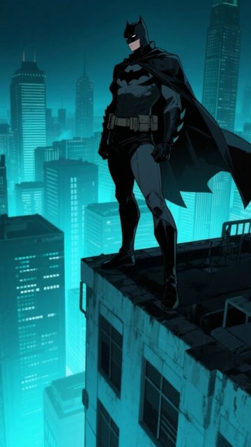 Batman Watching Gotham from a Cyan Rooftop Wallpaper