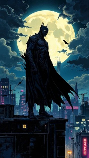 Batman Beneath a Full Moon in Gotham Wallpaper