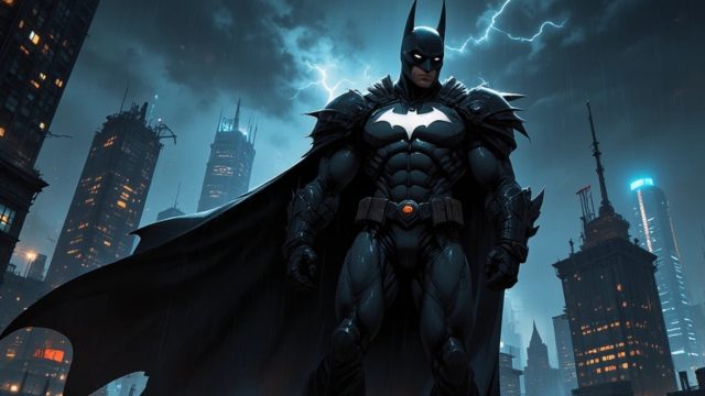 Batman Standing Above Gotham Rooftops Wallpaper