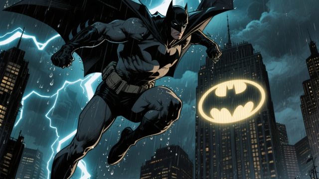 Batman Leaping Across the Gotham Skyline Wallpaper