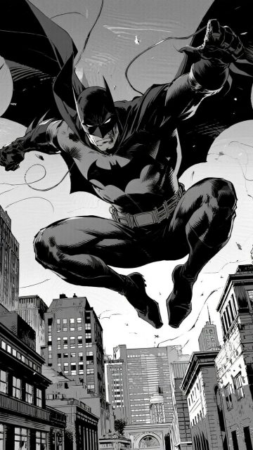 Batman Leaping Across a Monochrome City Wallpaper