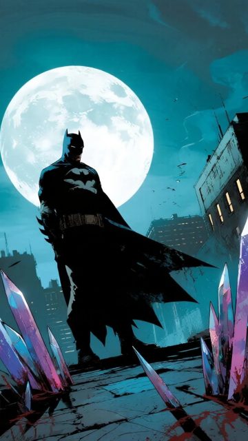 Batman Standing Near Moonlit Crystals Wallpaper