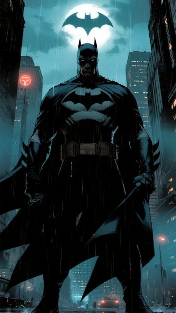 Batman Beneath the Rainy Bat Signal Wallpaper