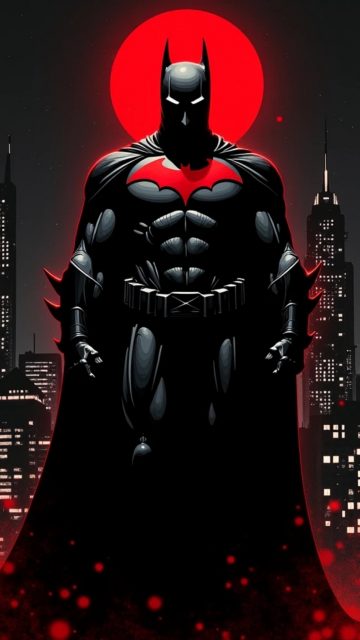 Batman Guarding the Red Gotham Skyline Wallpaper
