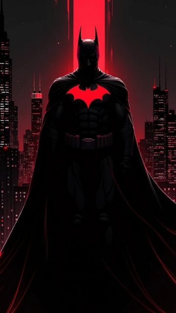 Batman Standing Beneath a Crimson Moon Wallpaper