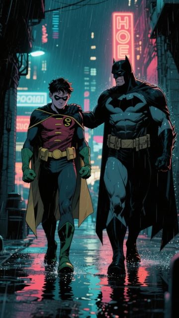 Batman and Robin in a Rainy Neon Street Wallpaper