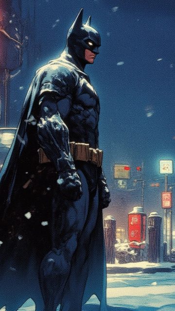 Batman in a Snowy Gotham Night Wallpaper