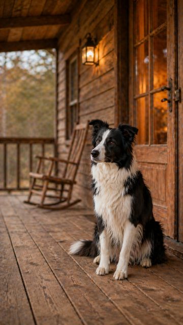 Border Collie Sitting on Wooden Cabin Porch in Warm Evening Light Wallpaper