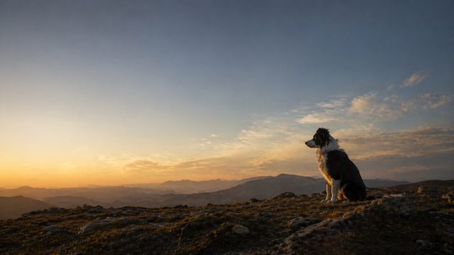 Border Collie Sitting on Ridge at Dusk with Wide Sky Gradient Wallpaper