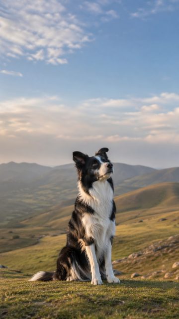 Border Collie Sitting Upright Looking Into Distance on Hills Wallpaper
