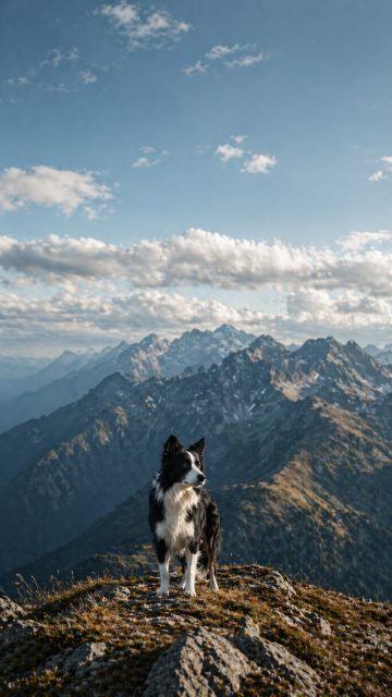 Border Collie Standing on Mountain Peak Overlooking Range Wallpaper
