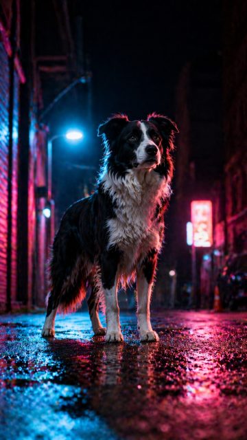 Border Collie in Neon Lit Alley at Night with Wet Street Reflection Wallpaper