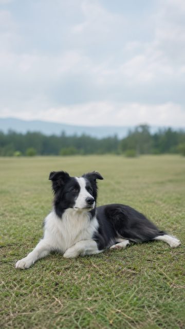 Border Collie Lying Relaxed on Grass with Soft Background Wallpaper