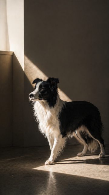 Border Collie in Strong Diagonal Window Light Beam Wallpaper