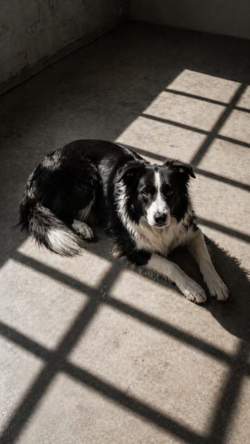 Border Collie Lying Under Window Grid Shadow Pattern Wallpaper