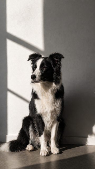Border Collie Sitting in Split Light and Shadow by Window Wallpaper
