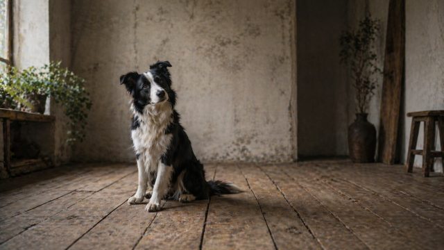 Border Collie Sitting Indoors with Strong Wooden Floor Leading Lines Wallpaper