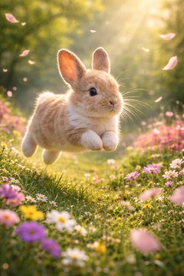 Bunny Jumping in Spring Flower Meadow