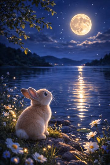 Bunny Looking at Moon Over River