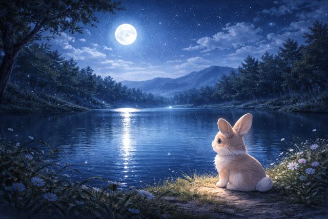 Bunny by Moonlit Lake and Mountains