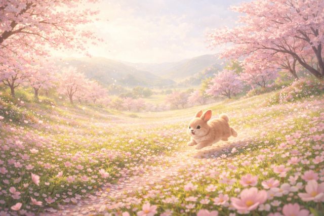 Bunny Running in Cherry Blossom Valley