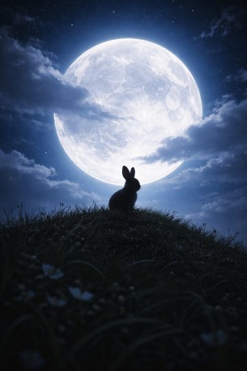 Bunny Silhouette Under Giant Full Moon